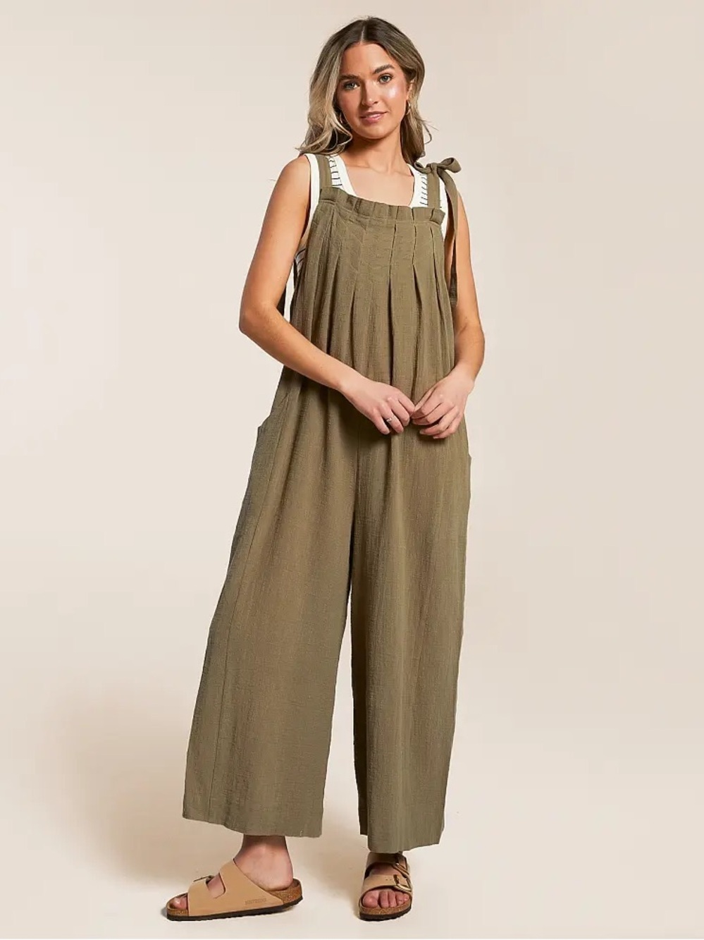 En Creme Olive Tie-Shoulder Wide Leg Jumpsuit - Picture 1 of 5